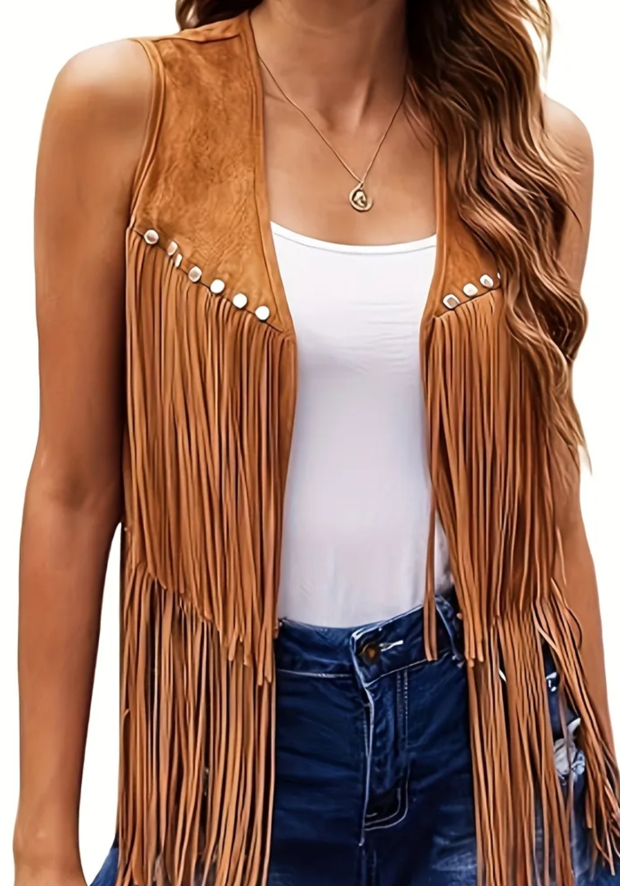 Gilet marron western double franges